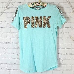 2016 Victoria's Secret PINK Sky Blue Logo Spellout Sequins Tee Tshirt Womens XS